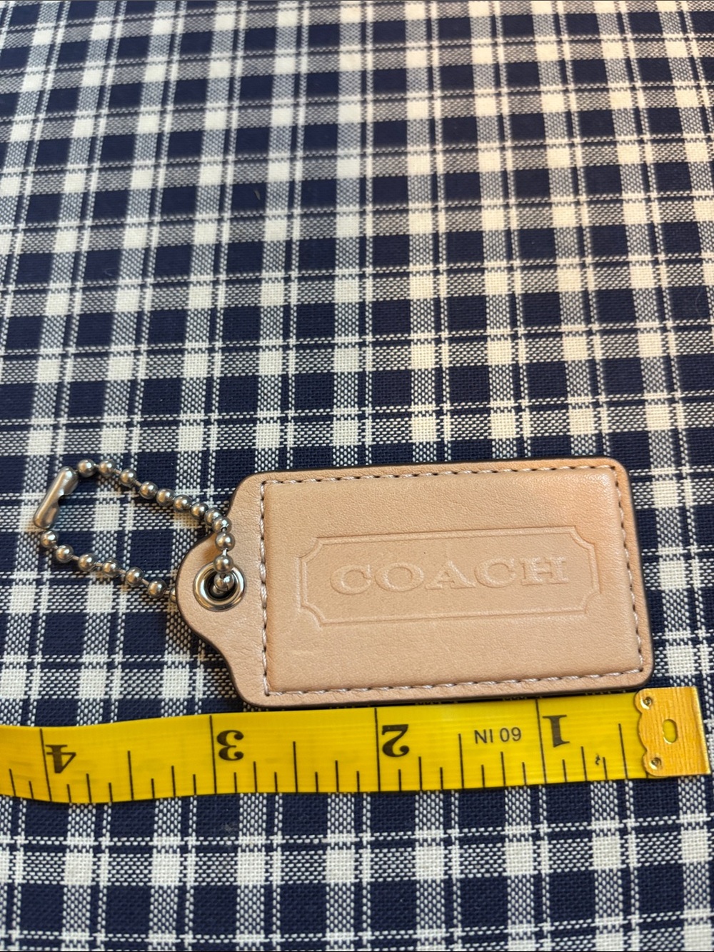 Coach Beige Leather hang Tag with Silver Ball Chain